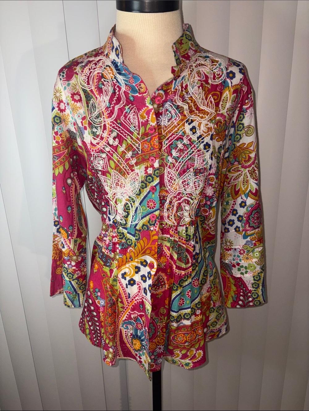 Bleu Bayou Boho Paisley Cotton Embroidered Bib Tunic Blouse - Size Large